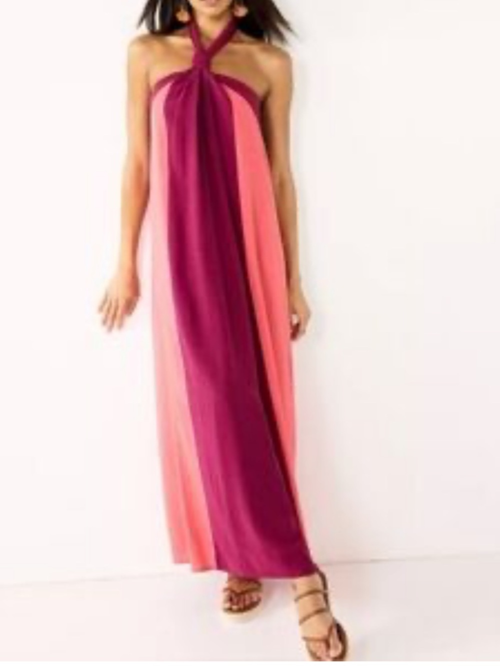 Nine West Two-Tone Halter Maxi Dress in Fuchsia and Coral